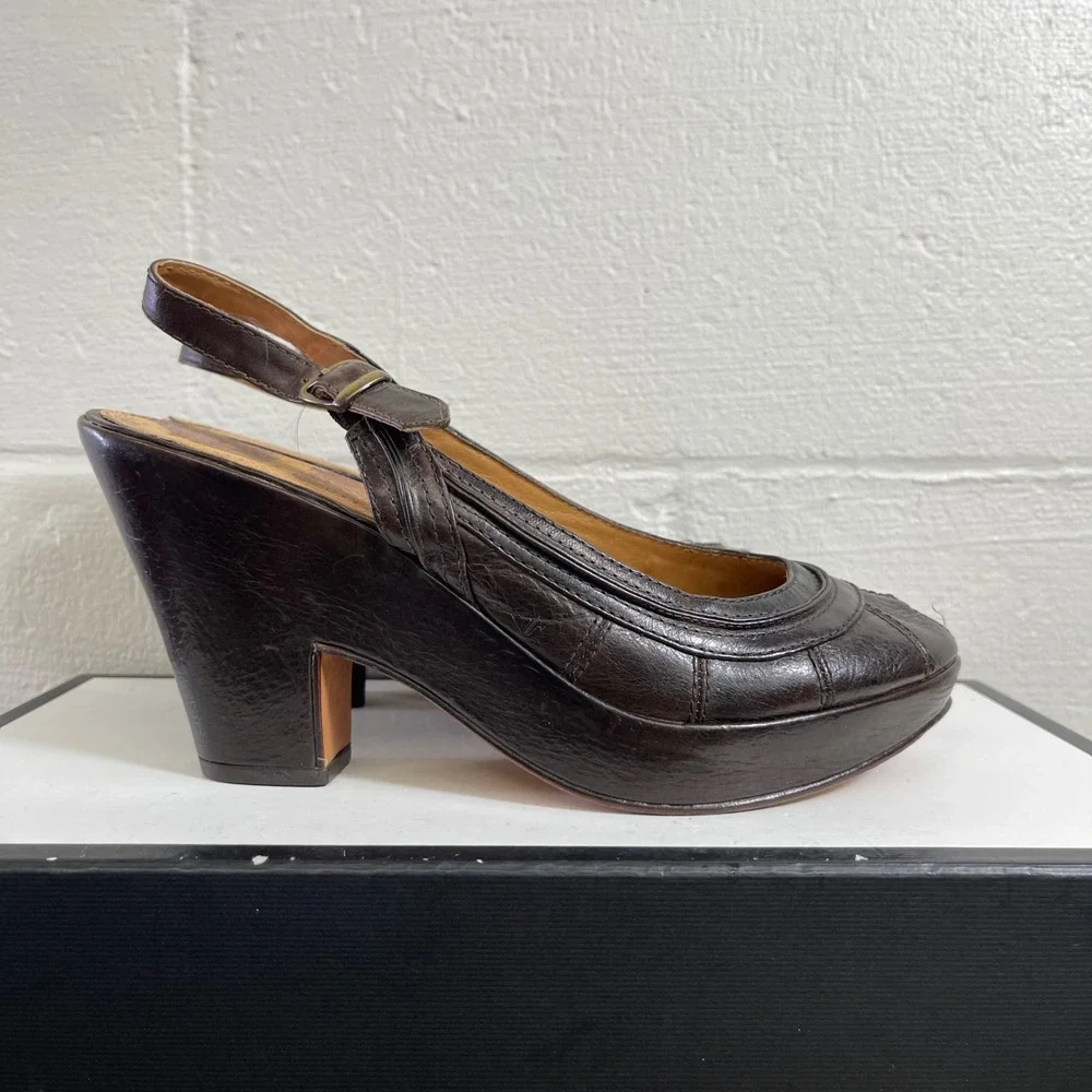 Frye Dark Brown Leather Platform Slingback Heels Sandals Women's Size 9.5B